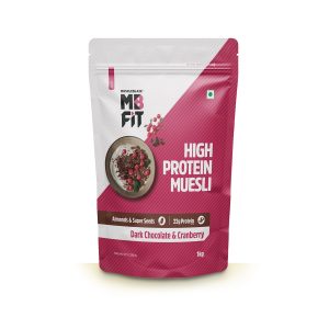 MuscleBlaze Fit High Protein Muesli ( Dark Chocolate & Cranberry) | 22g Protein | with Raisins, Almonds & Super Seeds,High Protein Breakfast Cereals. Just For Pre order