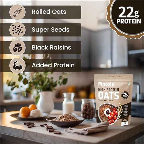 PINTOLA 22g High Protein Oats 1kg, Dark Chocolate,No Refined Sugar, with Almonds Raisin, Pumpkin and Chia Seeds, 8g Fibre, Rolled Oats, Breakfast Cereals | Gluten Free. Just For Pre order - Image 6