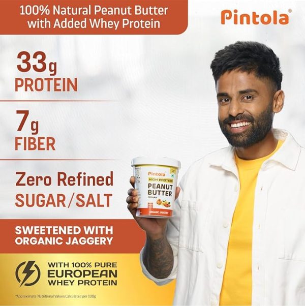 Pintola HIGH Protein ORGANIC JAGGERY Peanut Butter with 33g Protein & 7g Fiber, Whey Protein Peanut Butter, Vegan Gluten Free, Zero Added Salt, Cholesterol Free, 100% Roasted Peanuts - Image 5