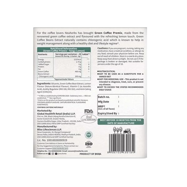 Neuherbs Green Coffee Premix | Coffee Beans Extract With Chlorogenic Acid | For Weight Loss | Easy to carry & consume 30 Sachet (Lemon Flavored) Just For Pre order - Image 4