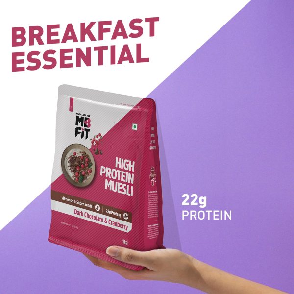 MuscleBlaze Fit High Protein Muesli ( Dark Chocolate & Cranberry) | 22g Protein | with Raisins, Almonds & Super Seeds,High Protein Breakfast Cereals. Just For Pre order - Image 4