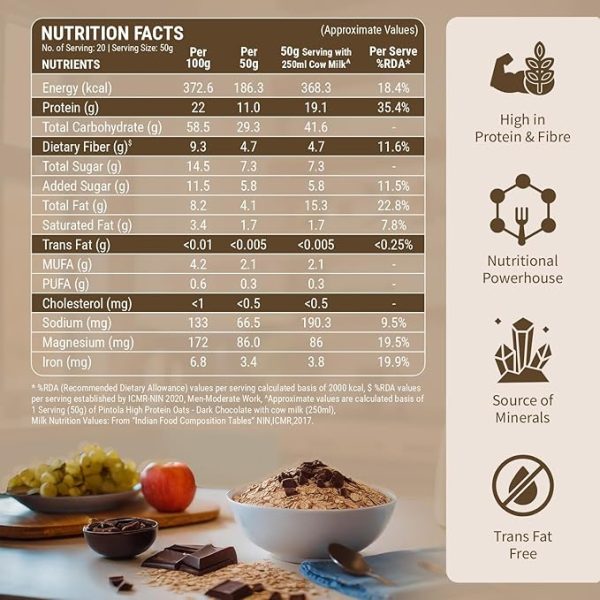 PINTOLA 22g High Protein Oats 1kg, Dark Chocolate,No Refined Sugar, with Almonds Raisin, Pumpkin and Chia Seeds, 8g Fibre, Rolled Oats, Breakfast Cereals | Gluten Free. Just For Pre order - Image 3