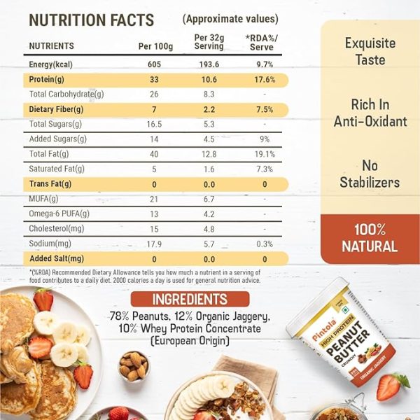 Pintola HIGH Protein ORGANIC JAGGERY Peanut Butter with 33g Protein & 7g Fiber, Whey Protein Peanut Butter, Vegan Gluten Free, Zero Added Salt, Cholesterol Free, 100% Roasted Peanuts - Image 3