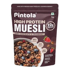 Pintola High Protein Muesli Dark Chocolate & Cranberry 1kg, 22g Protein, High Fibre, Trans Fat Free with Brown Sugar, Real Fruits, Muesli for Breakfast Food, Muselies Fruit Nuts and Seeds 1 kg. Just For Pre order