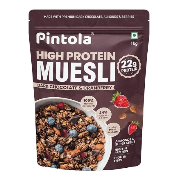 Pintola High Protein Muesli Dark Chocolate & Cranberry 1kg, 22g Protein, High Fibre, Trans Fat Free with Brown Sugar, Real Fruits, Muesli for Breakfast Food, Muselies Fruit Nuts and Seeds 1 kg. Just For Pre order