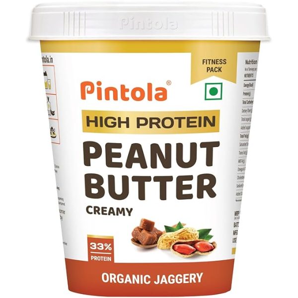 Pintola HIGH Protein ORGANIC JAGGERY Peanut Butter with 33g Protein & 7g Fiber, Whey Protein Peanut Butter, Vegan Gluten Free, Zero Added Salt, Cholesterol Free, 100% Roasted Peanuts
