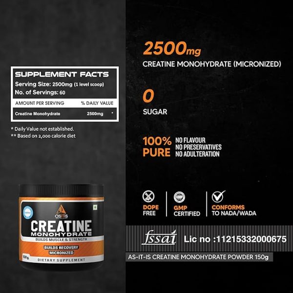 AS-IT-IS Nutrition 100% Creatine Monohydrate, Pure 2.5g Micronized Powder with Rapid Dissolution & Absorption, USA Labdoor Certified for Accuracy & Purity, Supports Performance & Recovery- Unflavored, Single Ingredient- 150g (60 servings) Just for pre order. - Image 5